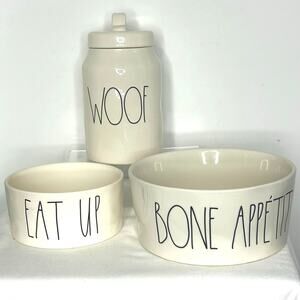 Rae Dunn Dog Bowl Set BONE APPETIT EAT UP WOOF Canister Farmhouse Pet